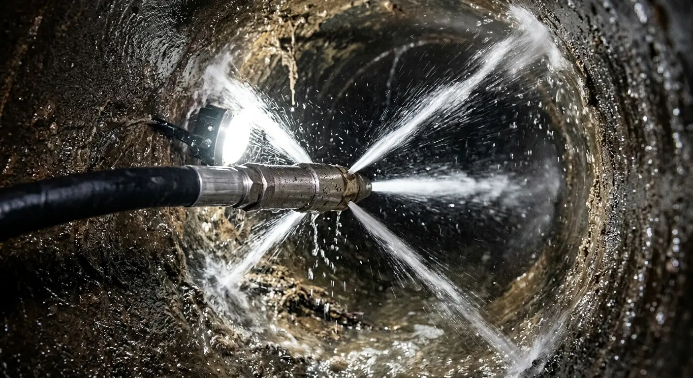 High-pressure hydro jetting nozzle cleaning sewer pipe for Trenchless Sewer Repair in Fish Hawk