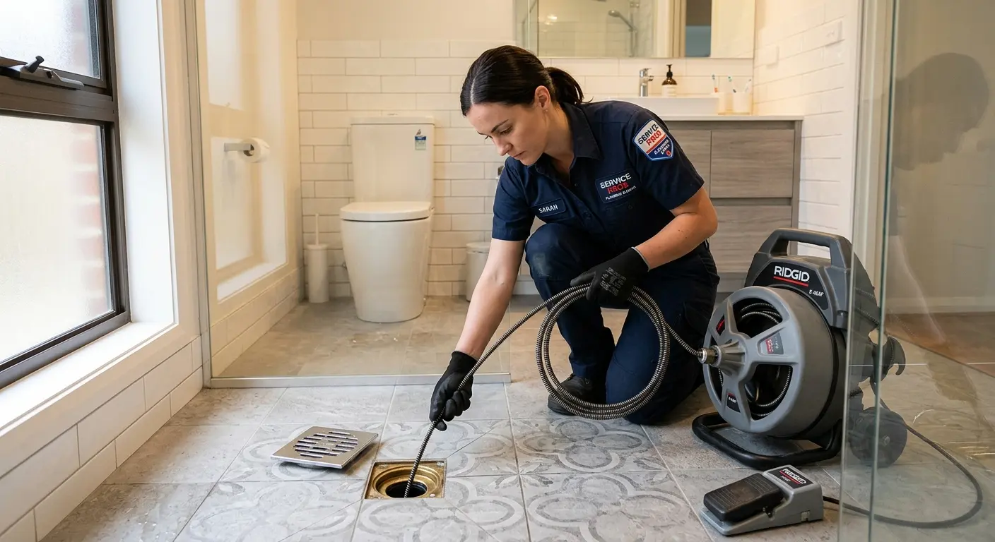 Technician clearing a bathroom floor drain for Sewer Line Installation in Fish Hawk